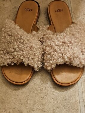 UGG Women's Plush Curly Shearling Slide Sandals in Light Tan
